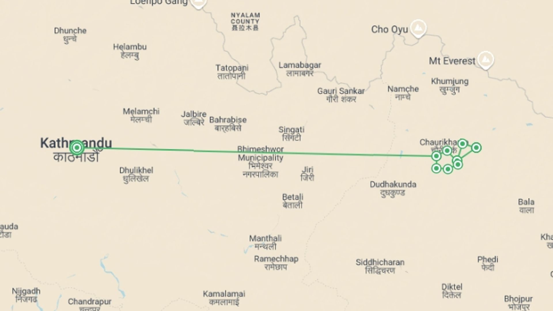 A map showing the tour itinerary for the trip: Mera Peak Climbing, starting in Kathmandu, Nepal and ending in Kathmandu, Nepal going through 9 other destinations.