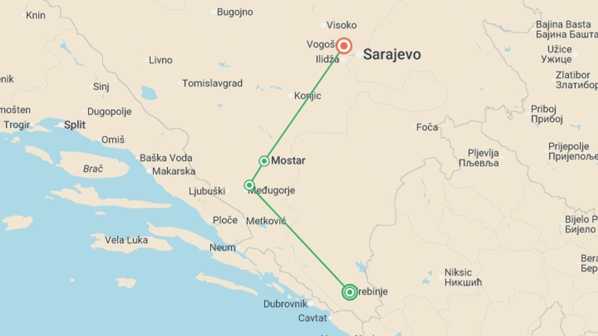 A map showing the tour itinerary for the trip: Bosnia & Herzegovina Uncovered, starting in Trebinje, Bosnia Herzegovina and ending in Sarajevo, Bosnia Herzegovina going through 2 other destinations.