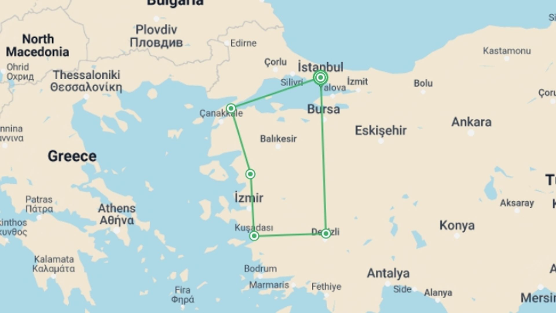 A map showing the tour itinerary for the trip: Aegean Delight Tour, starting in Istanbul, Turkey and ending in Istanbul, Turkey going through 6 other destinations.