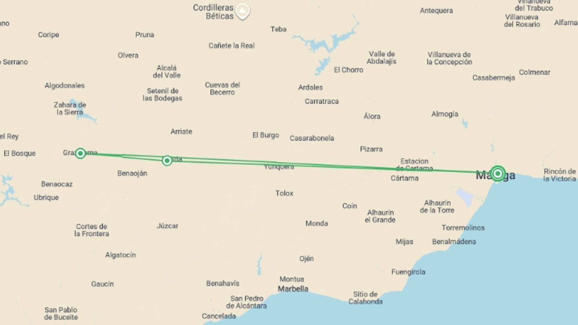 A map showing the tour itinerary for the trip: Spain Express: Malaga and Seville, starting in Malaga, Spain and ending in Malaga, Spain going through 1 other destinations.