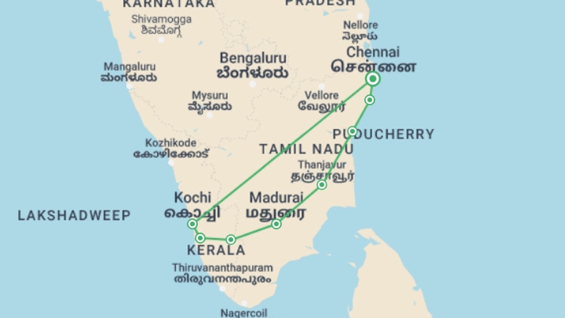 A map showing the tour itinerary for the trip: Classical South India, starting in Chennai, India and ending in Chennai, India going through 8 other destinations.