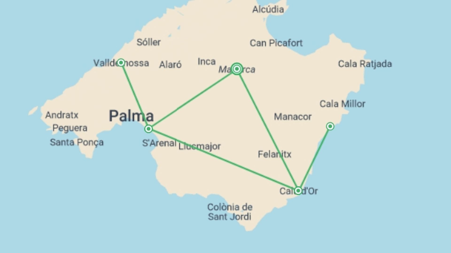 A map showing the tour itinerary for the trip: Mallorca Highlights, Self-drive, starting in Mallorca, Spain and ending in Mallorca, Spain going through 3 other destinations.