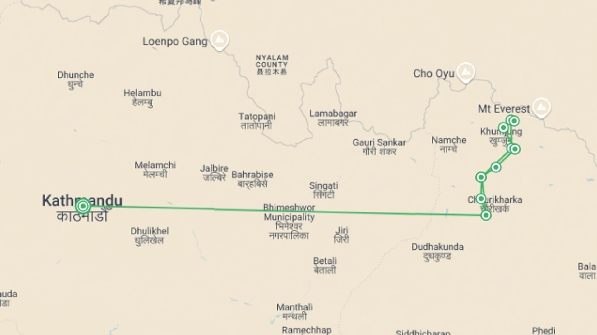 A map showing the tour itinerary for the trip: Everest Base Camp Trek, starting in Kathmandu, Nepal and ending in Kathmandu, Nepal going through 9 other destinations.
