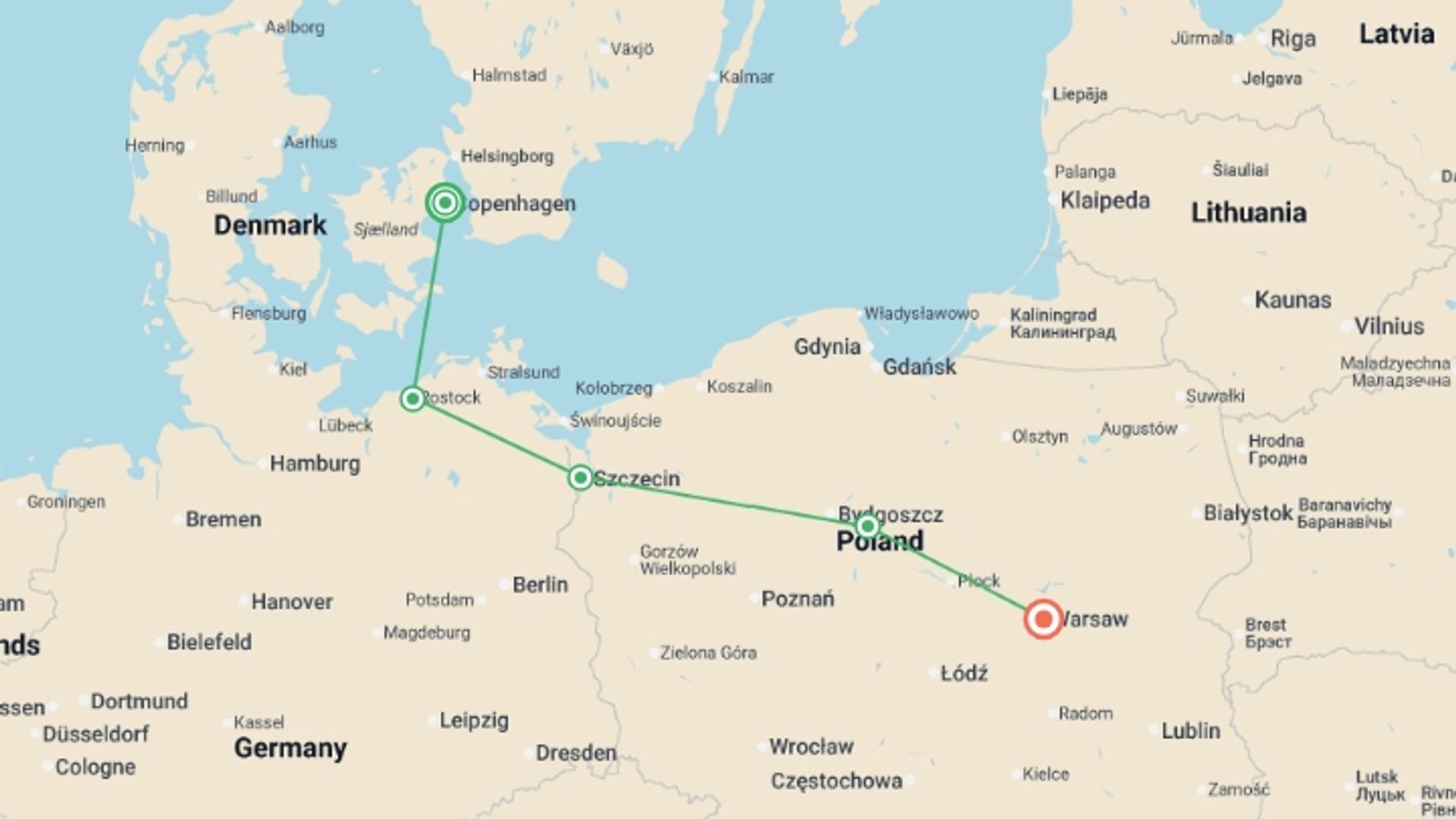 A map showing the tour itinerary for the trip: Copenhagen and Poland, starting in Copenhagen, Denmark and ending in Warsaw, Poland going through 1 other destinations.