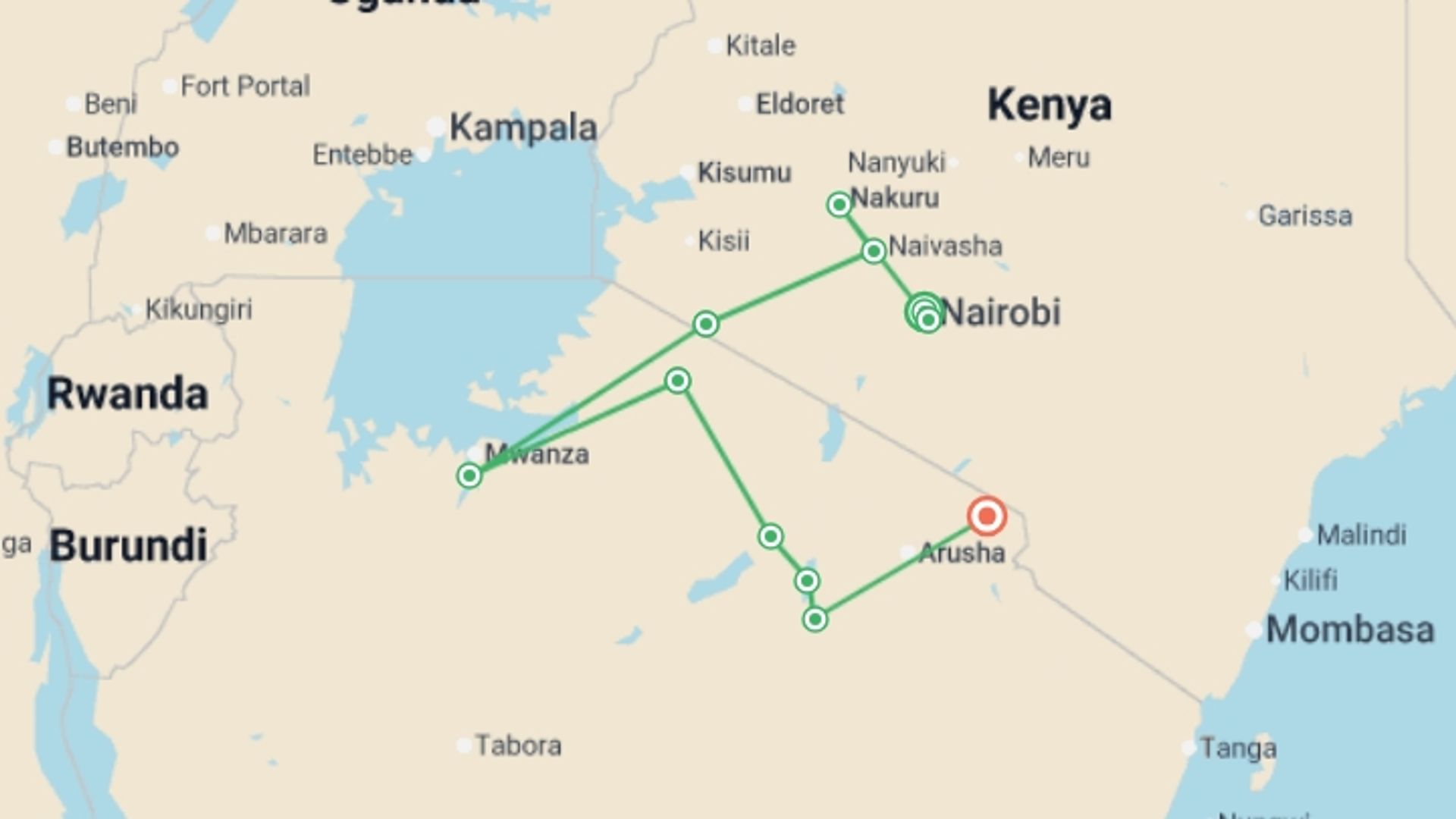 A map showing the tour itinerary for the trip: Kenya & Tanzania Safari Adventure, starting in Nairobi, Kenya and ending in Kilimanjaro, Tanzania going through 9 other destinations.