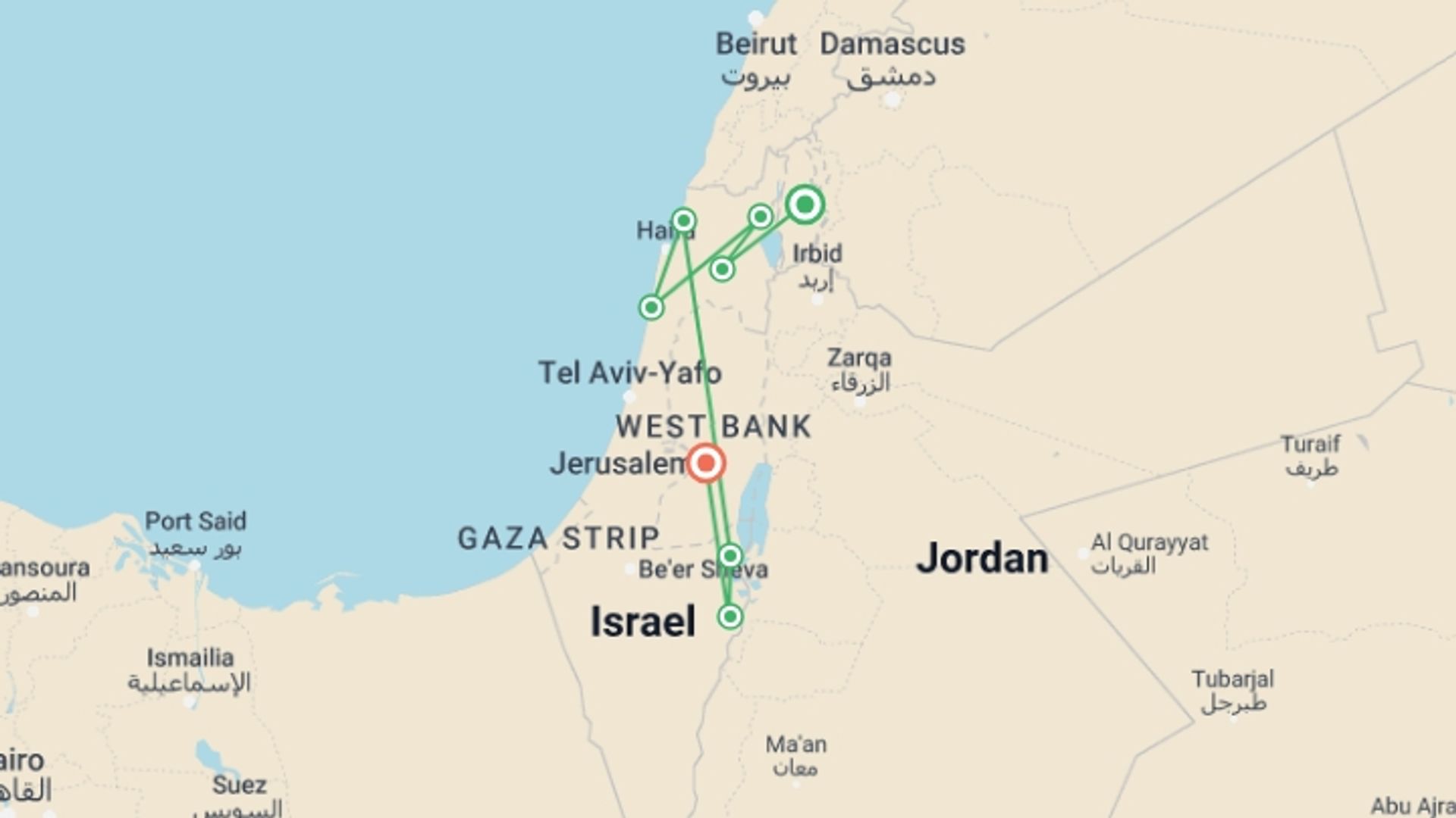 A map showing the tour itinerary for the trip: Classical Israel Tour Package, 5 Days From Tel Aviv, starting in Ramot Naftali, Israel and ending in Ramot Naftali, Israel going through 5 other destinations.