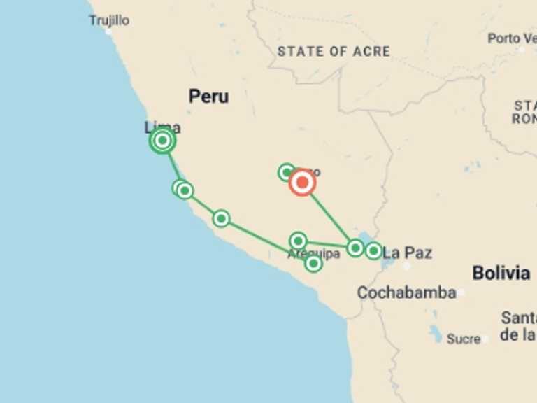 Map itinerary of Lima Tour in December 2026 with 10 destination visits for the trip: Enigmas Of The South