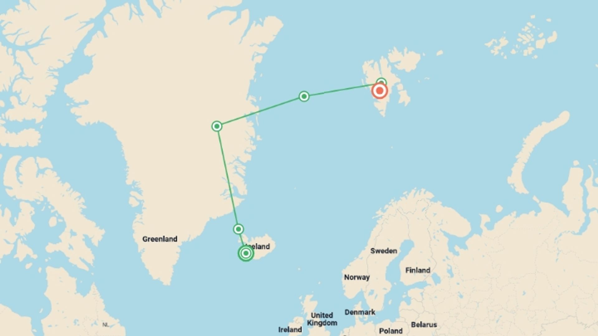 A map showing the tour itinerary for the trip: Arctic Highlights Northbound, starting in Keflavik, Iceland and ending in Longyearbyen, Norway going through 5 other destinations.