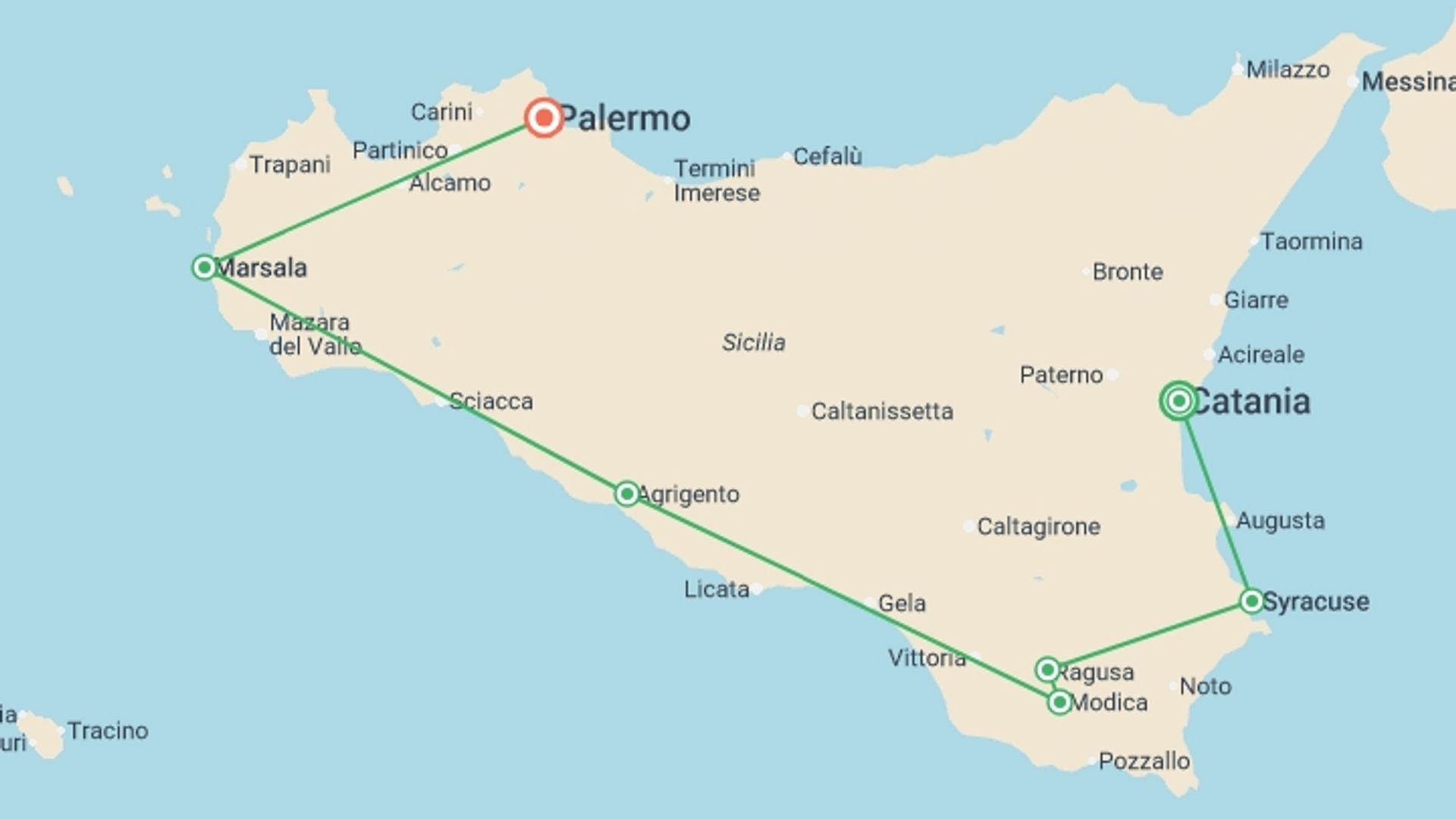 A map showing the tour itinerary for the trip: Catania to Palermo Express - 6 days, starting in Catania, Italy and ending in Palermo, Italy going through 2 other destinations.