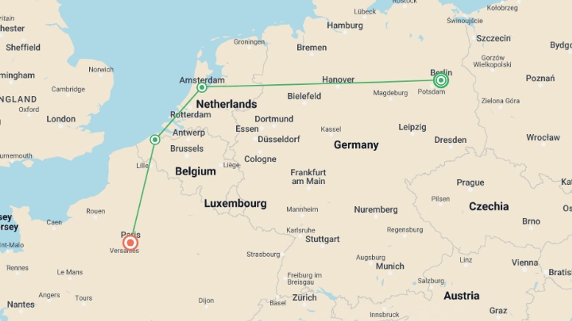 A map showing the tour itinerary for the trip: Berlin to Paris: Bike Rides & Big Nights, starting in Berlin, Germany and ending in Paris, France going through 2 other destinations.