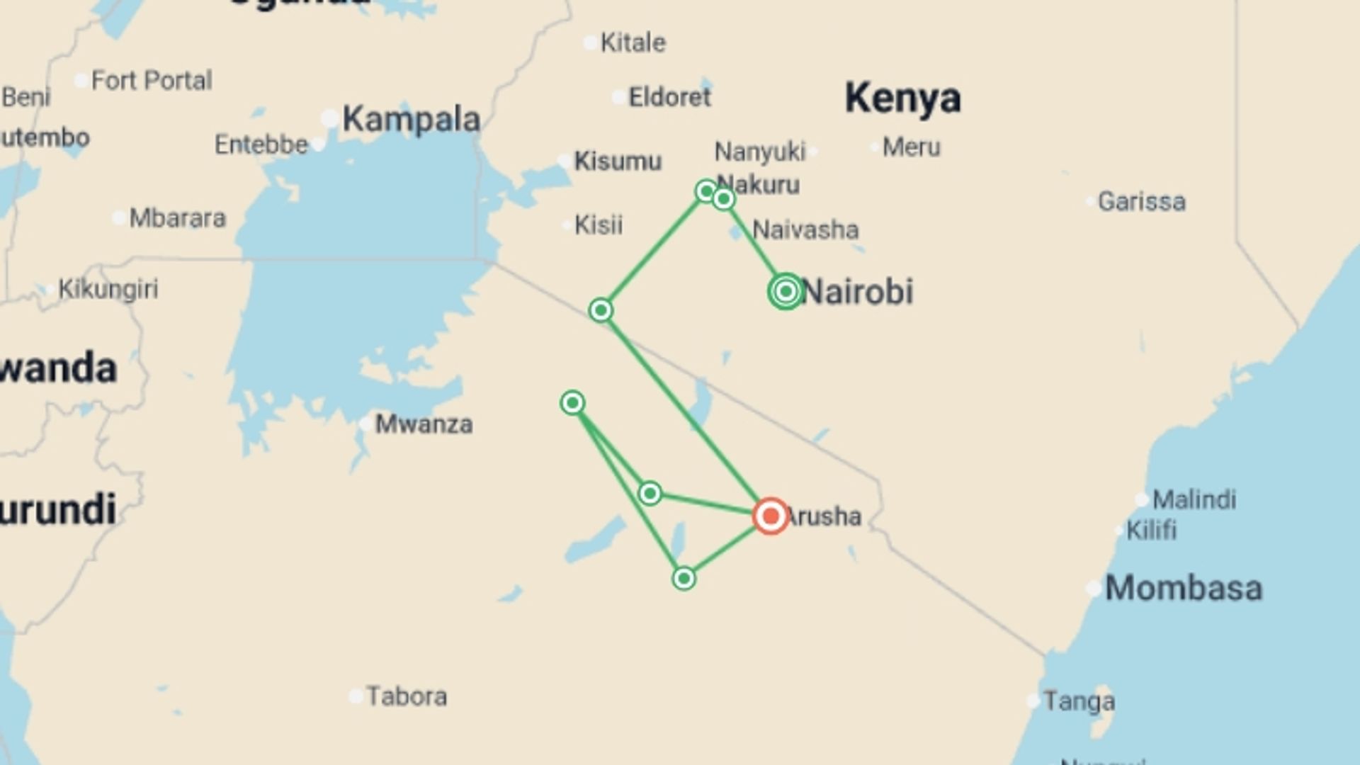 A map showing the tour itinerary for the trip: Kenya & Tanzania Trails - 13 days, starting in Nairobi, Kenya and ending in Arusha, Tanzania going through 7 other destinations.