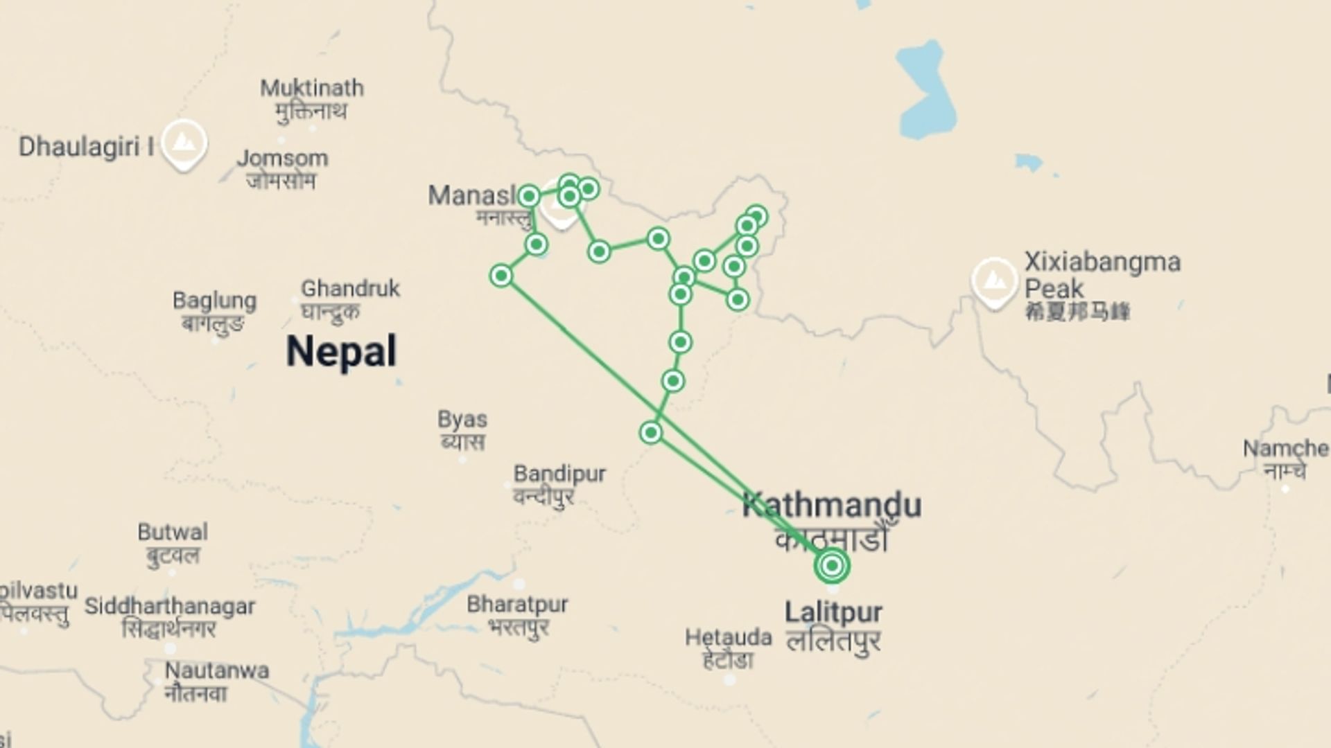 A map showing the tour itinerary for the trip: Manaslu - Tsum Valley Trekking, starting in Kathmandu, Nepal and ending in Kathmandu, Nepal going through 20 other destinations.
