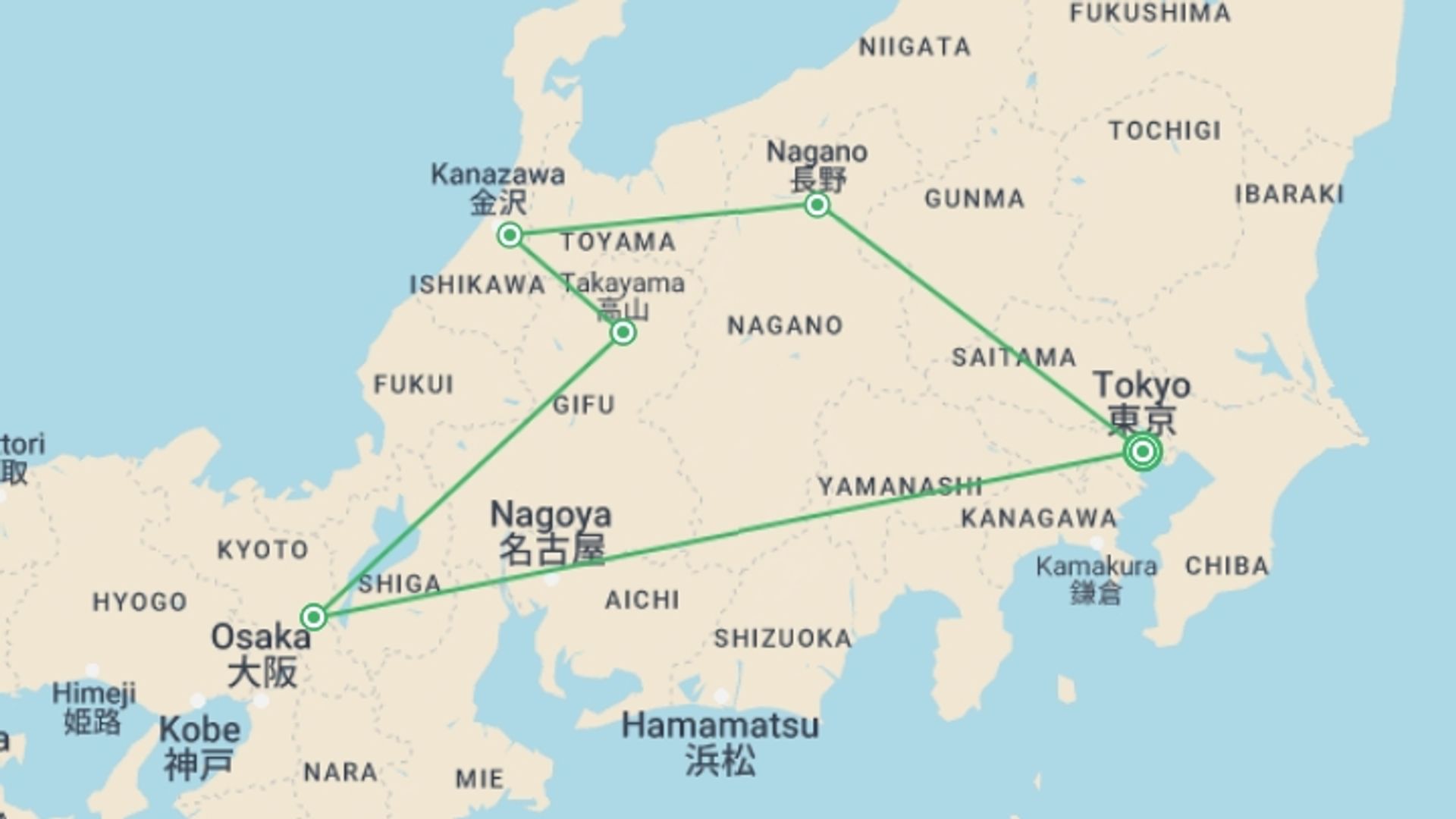 A map showing the tour itinerary for the trip: Explore Japan's Winter Charm with Snow Monkey, starting in Tokyo, Japan and ending in Tokyo, Japan going through 4 other destinations.