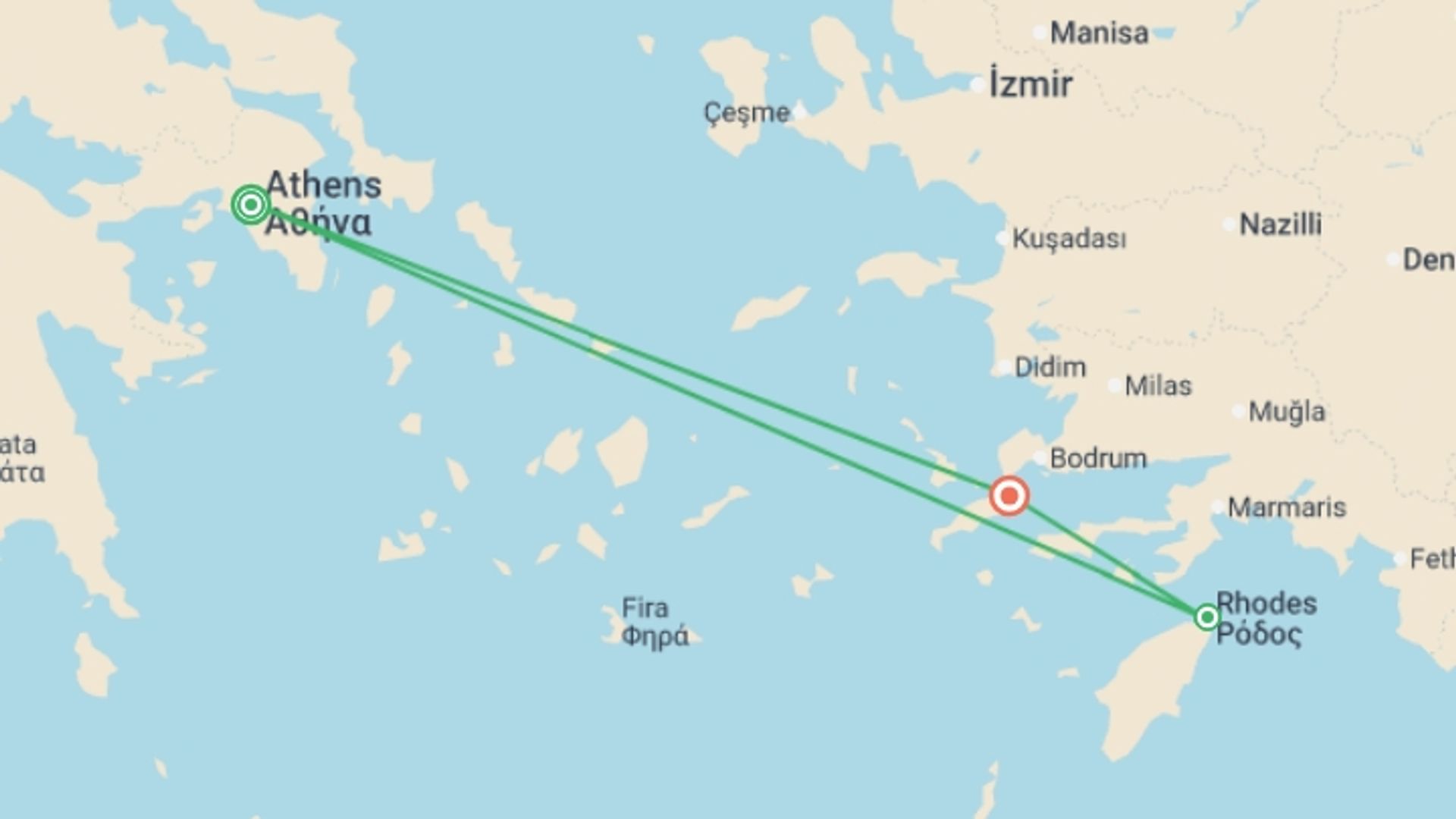 A map showing the tour itinerary for the trip: Discover The Greek Islands, starting in Athens, Greece and ending in Kos, Greece going through 1 other destinations.