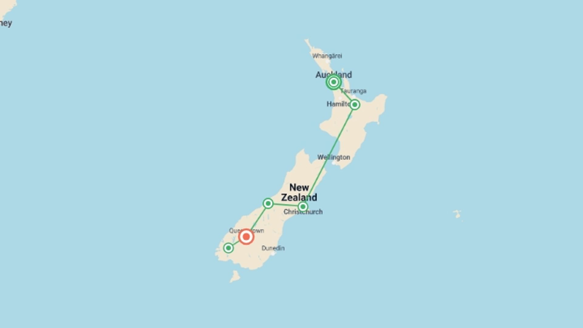 A map showing the tour itinerary for the trip: Journeys: Discover New Zealand, starting in Auckland, New Zealand and ending in Queenstown, New Zealand going through 4 other destinations.