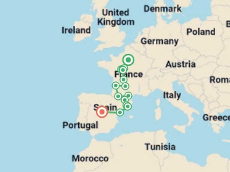 Map of 11-Day Madrid Tour with 9 destination visits for the trip: France and Spain