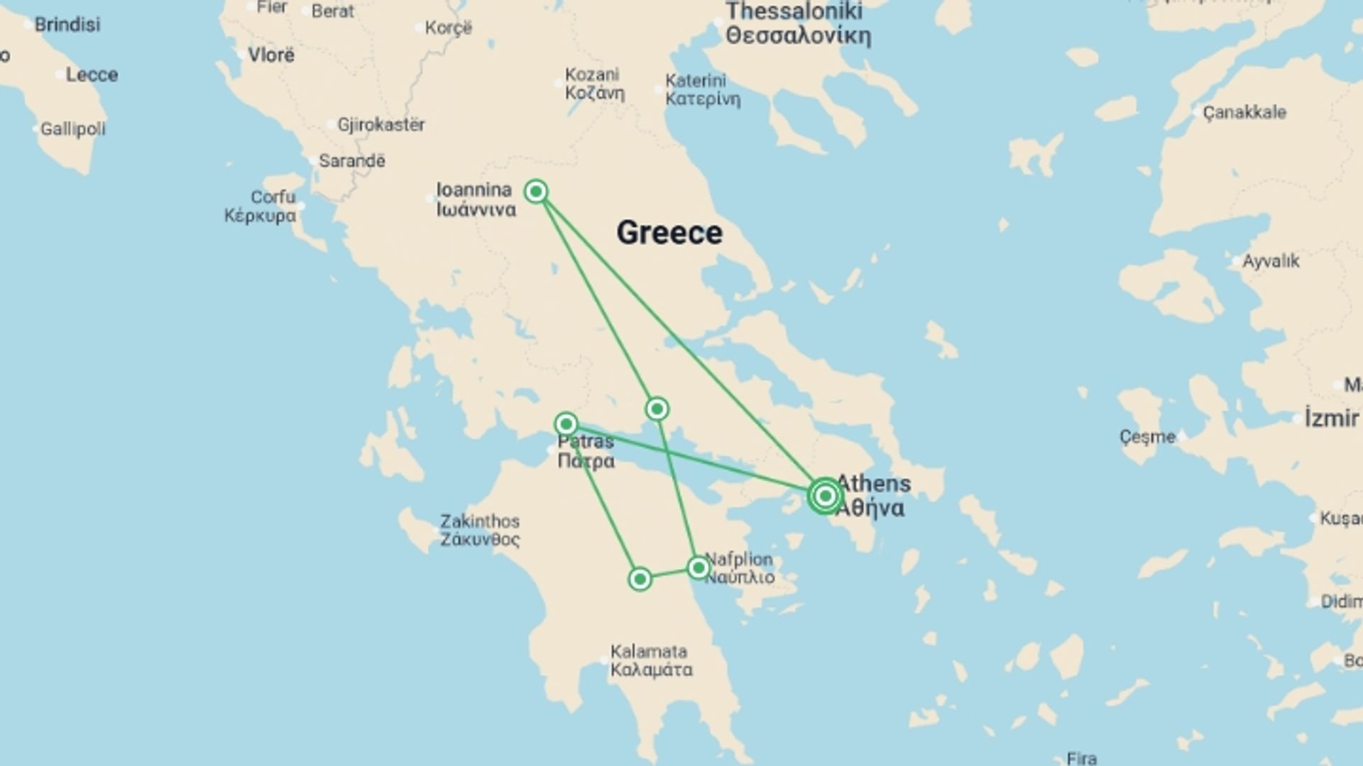 A map showing the tour itinerary for the trip: Complete Greece, starting in Athens, Greece and ending in Athens, Greece going through 5 other destinations.