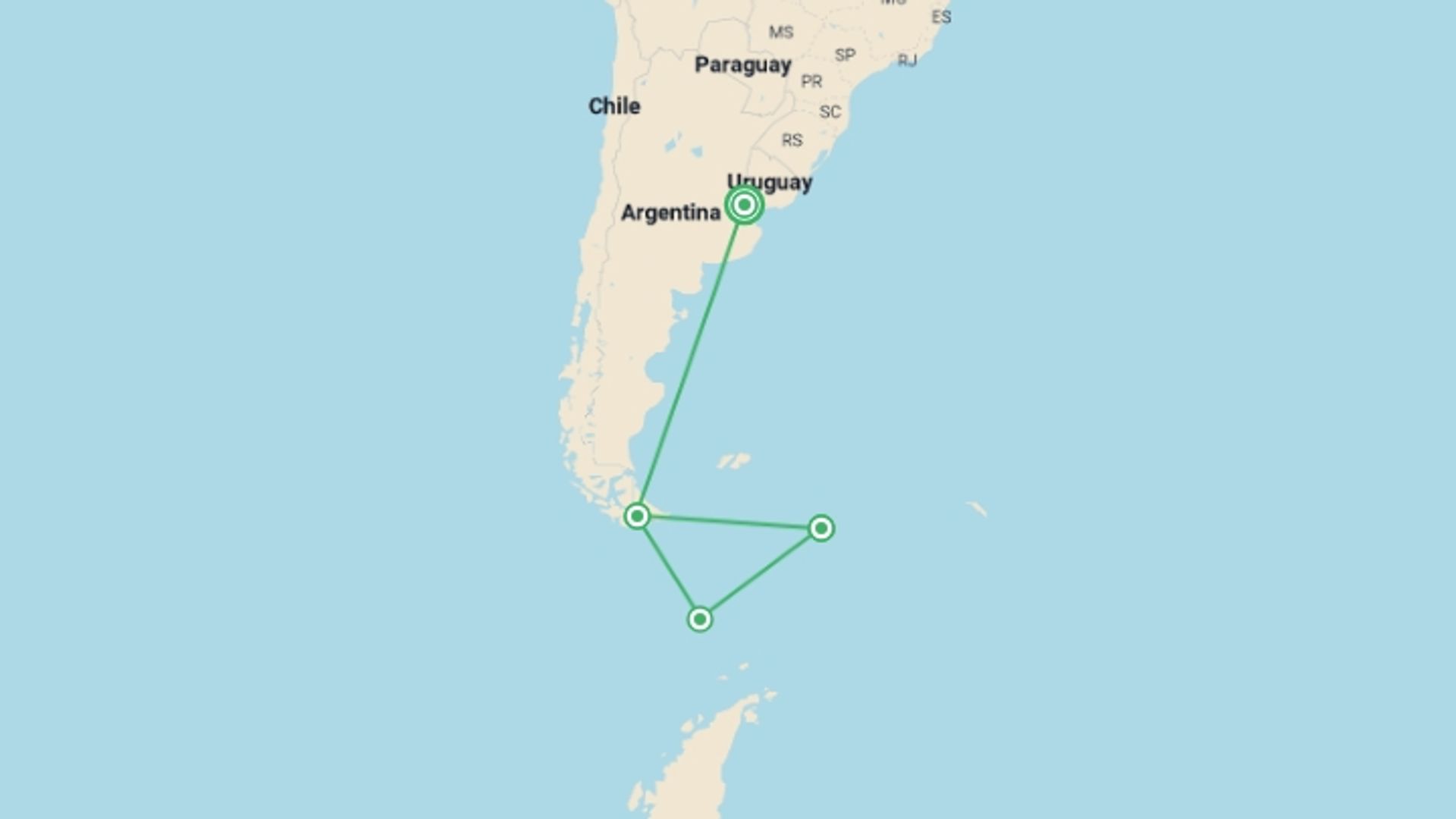 A map showing the tour itinerary for the trip: Antarctica By Helicopter: Icebergs, Mountains and Remote Lands​, starting in Buenos Aires, Argentina and ending in Buenos Aires, Argentina going through 3 other destinations.