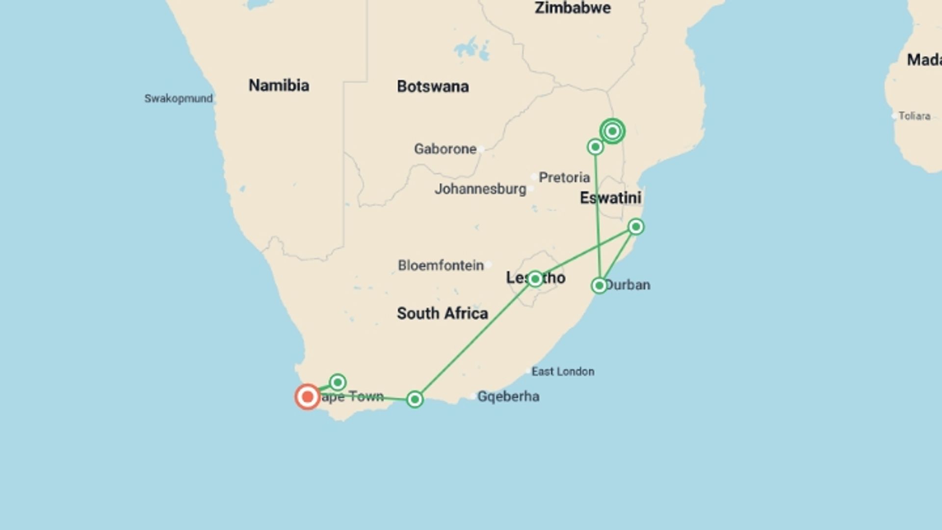 A map showing the tour itinerary for the trip: South Africa: See & Experience it all in 12 Days, starting in Kruger National Park, South Africa and ending in Cape Town, South Africa going through 7 other destinations.