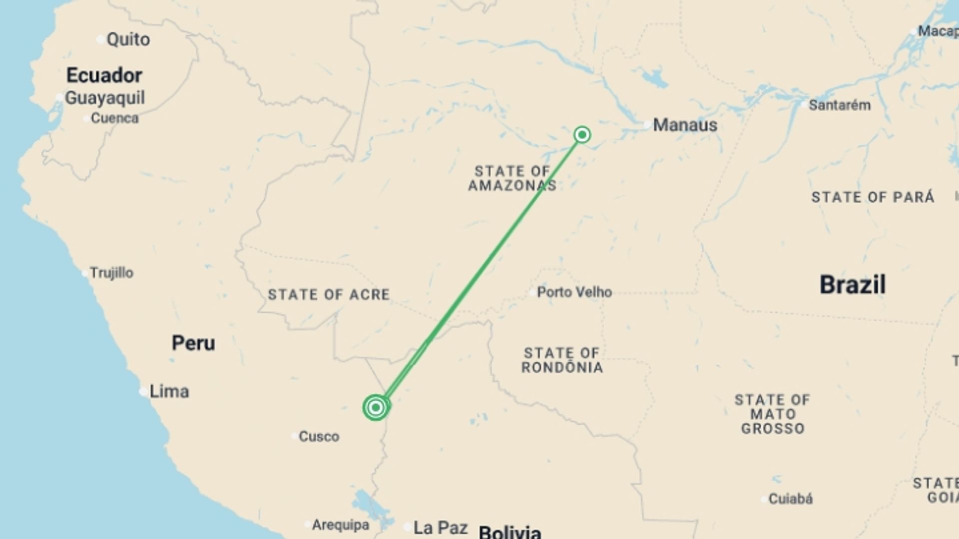 A map showing the tour itinerary for the trip: Amazon Rainforest Express - 3 days, starting in Puerto Maldonado, Peru and ending in Puerto Maldonado, Peru going through 2 other destinations.