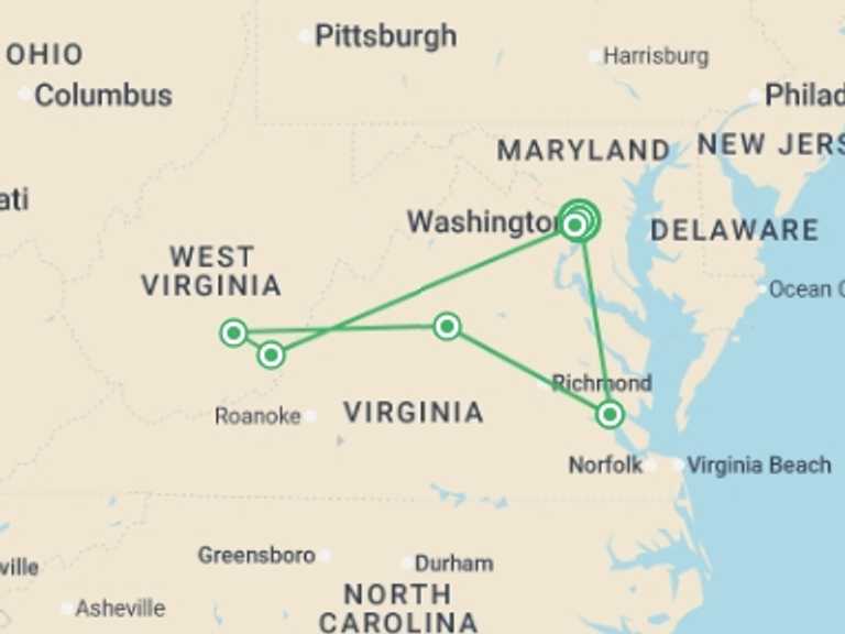 Map itinerary of USA Tour in December 2026 with 4 destination visits for the trip: American Heritage featuring The Greenbrier Resort