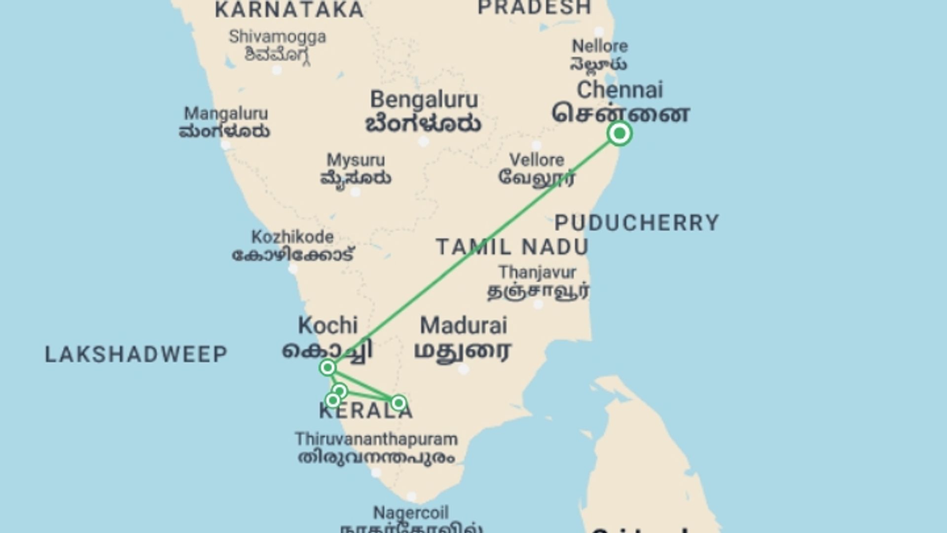 A map showing the tour itinerary for the trip: Captivating Kerala, starting in Chennai, India and ending in Chennai, India going through 3 other destinations.