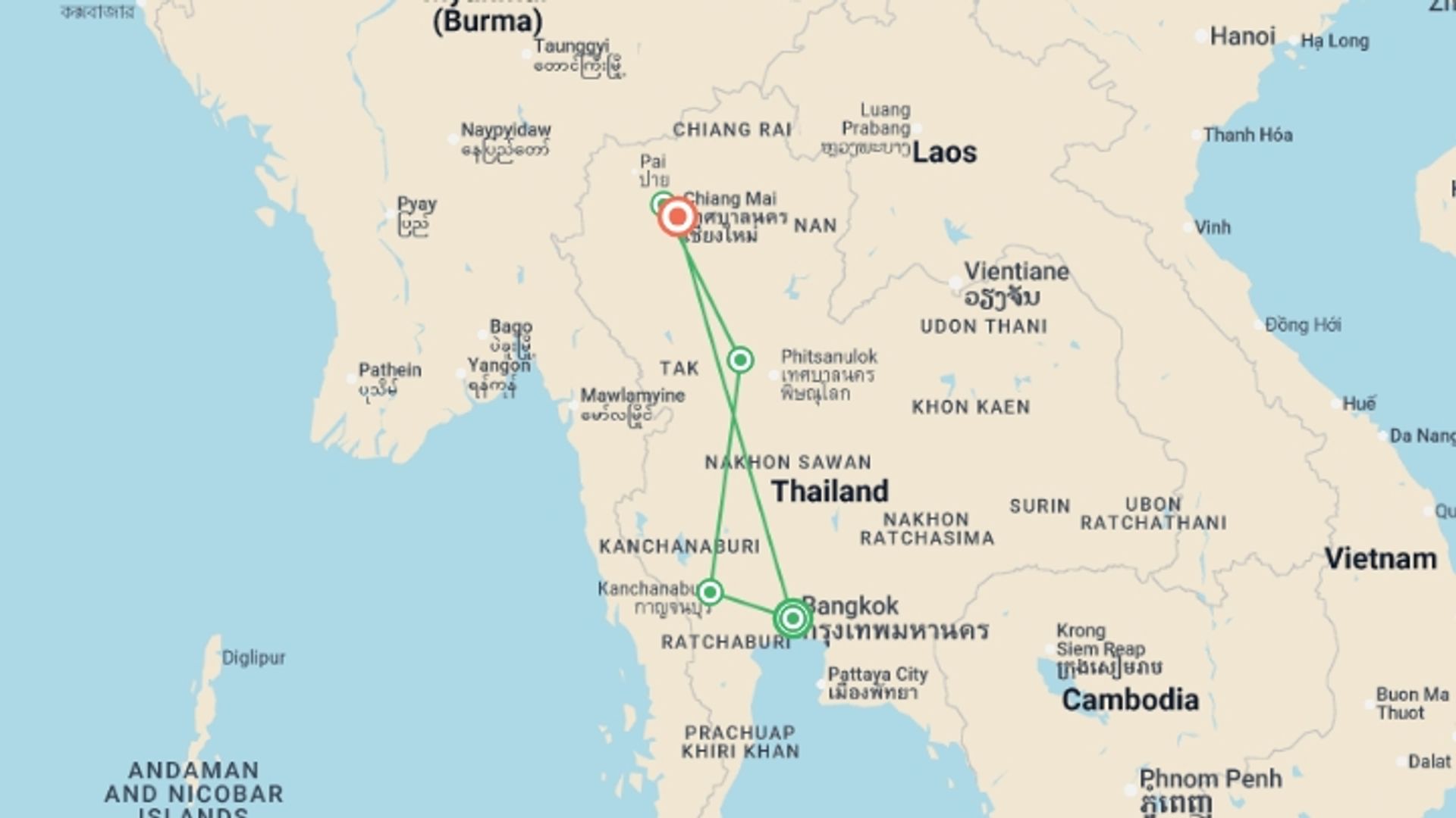 A map showing the tour itinerary for the trip: Highlights of Thailand, starting in Bangkok, Thailand and ending in Chiang Mai, Thailand going through 3 other destinations.