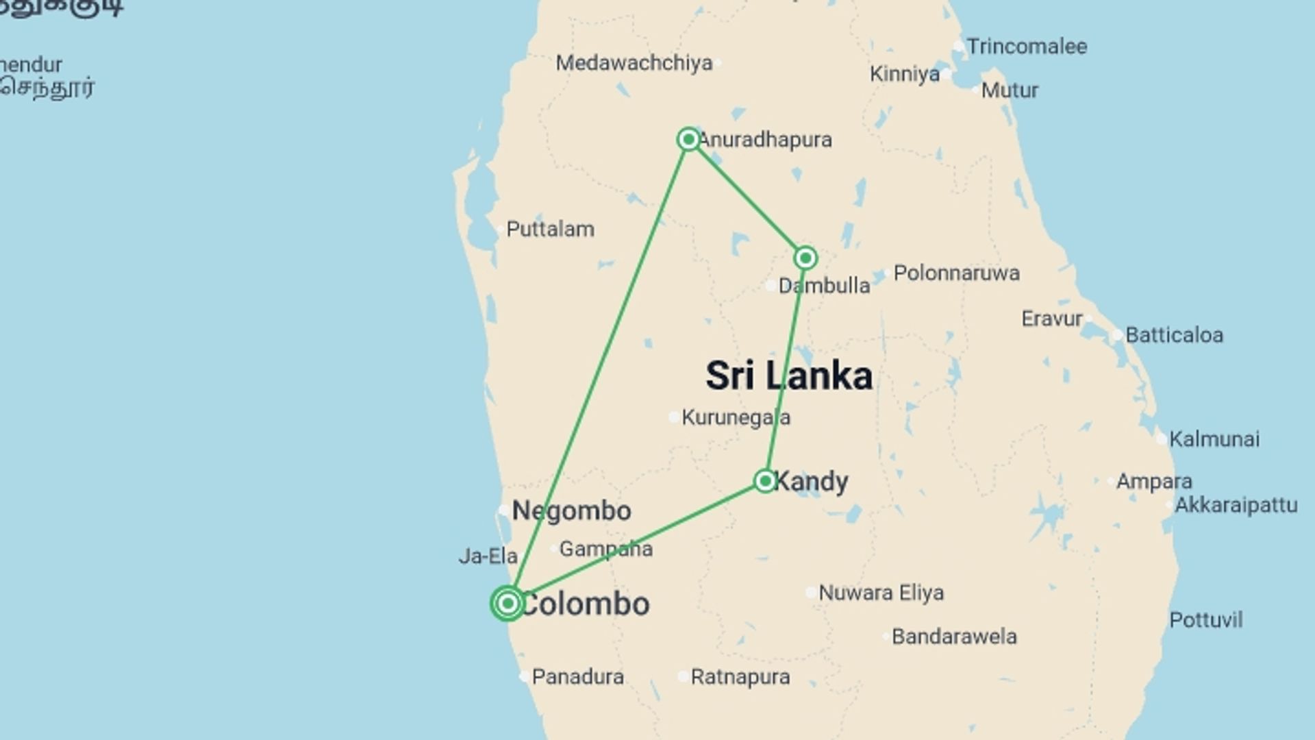A map showing the tour itinerary for the trip: Anuradhapura, Sigiriya & Kandy - 9 days, starting in Colombo, Sri Lanka and ending in Colombo, Sri Lanka going through 3 other destinations.