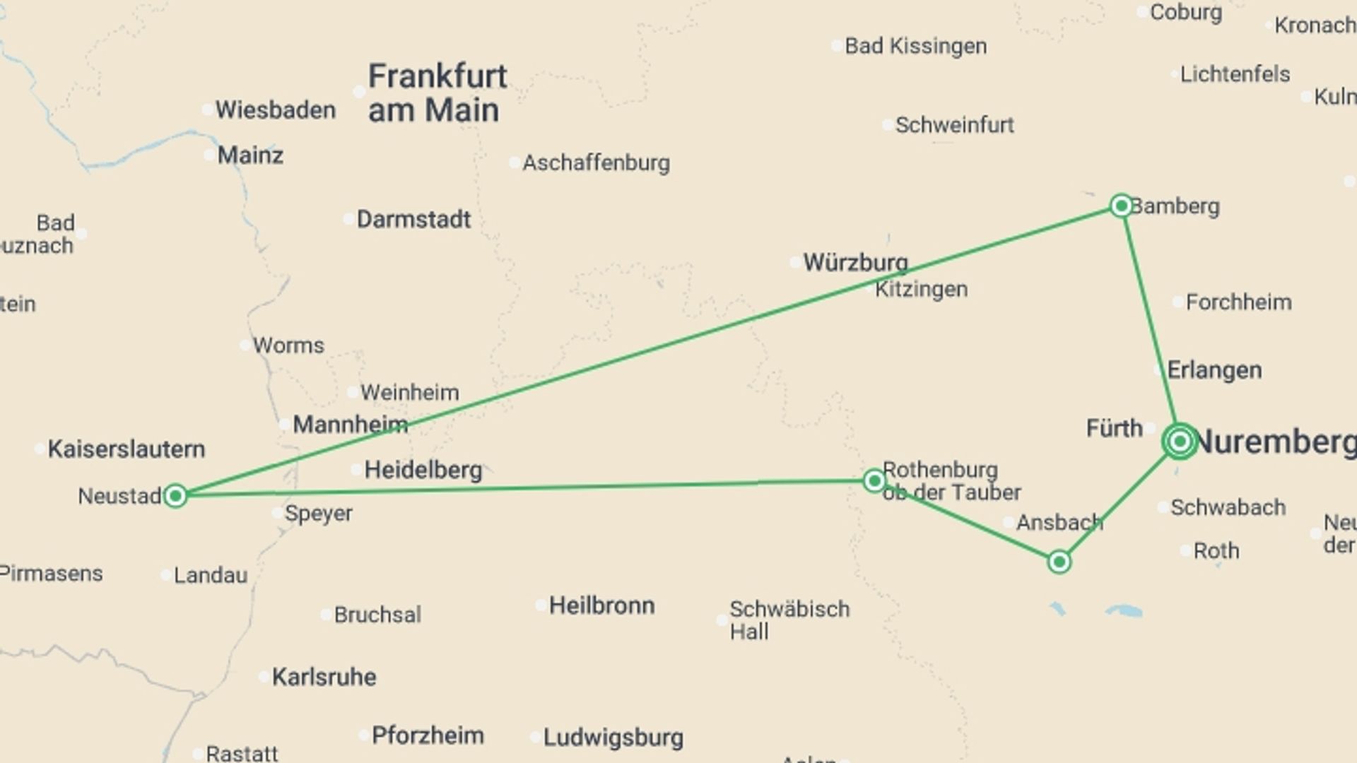 A map showing the tour itinerary for the trip: Bavarian Beer Trail Cycle, starting in Nuremberg, Germany and ending in Nuremberg, Germany going through 4 other destinations.