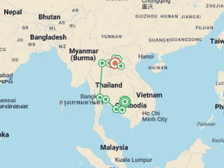 Map of a Adventure and sport Tour with 11 destination visits for the trip: Southeast Asia: Bangkok, Laos & The Cardamom Mountains