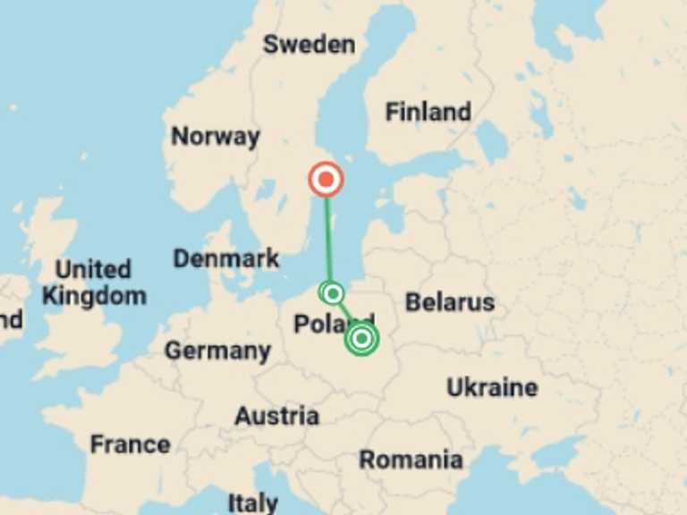 Map of Europe Tour with 4 destination visits for the trip: Heading North End Stockholm