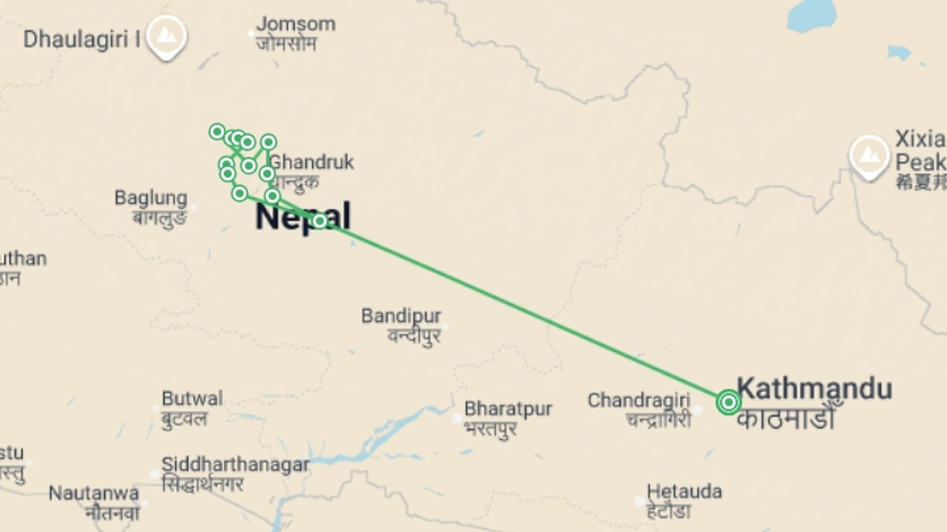 A map showing the tour itinerary for the trip: Annapurna Dhaulagiri in Comfort, starting in Kathmandu, Nepal and ending in Kathmandu, Nepal going through 13 other destinations.
