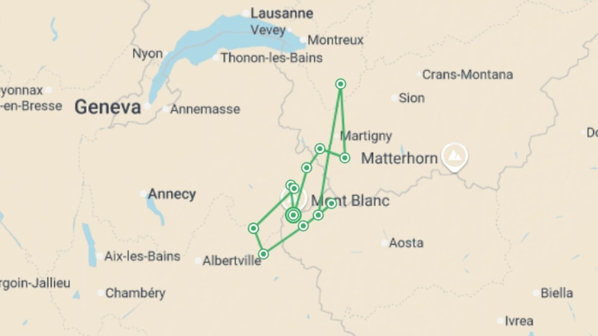 A map showing the tour itinerary for the trip: Tour du Mont Blanc Camping Trek, starting in Mont Blanc, France and ending in Mont Blanc, France going through 11 other destinations.