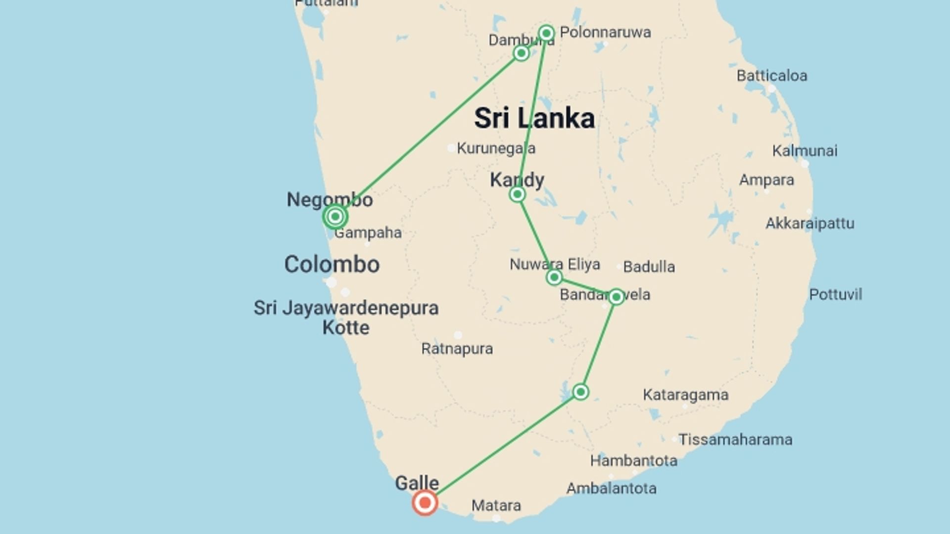 A map showing the tour itinerary for the trip: Sri Lanka Uncovered, starting in Negombo, Sri Lanka and ending in Unawatuna, Sri Lanka going through 6 other destinations.