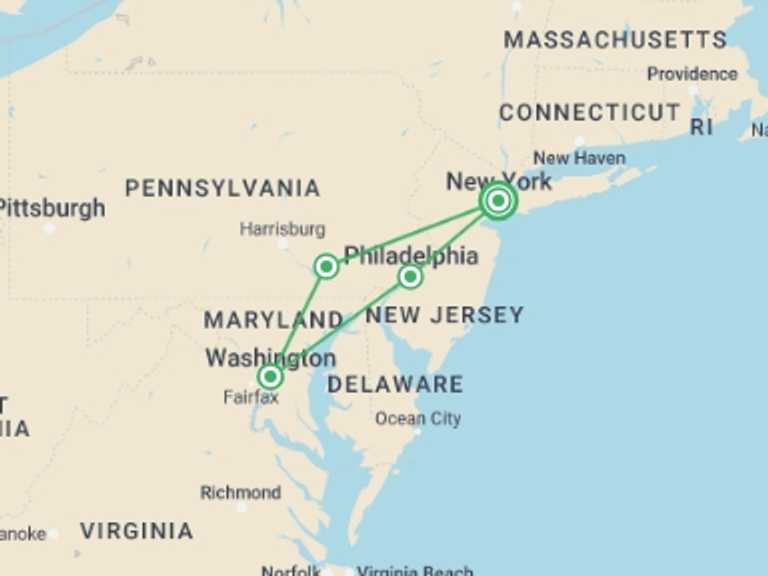 Map of New York Cultural, religious and historic sites Tour with 2 destination visits for the trip: Special Washington end NY