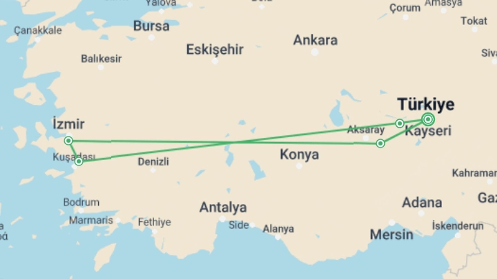 A map showing the tour itinerary for the trip: Cappadocia Trails, starting in Kayseri, Turkey and ending in Kayseri, Turkey going through 5 other destinations.