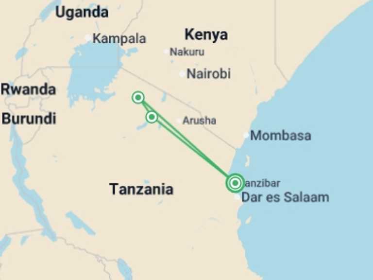 Map itinerary of Africa Tour in December 2026 with 3 destination visits for the trip: 3-Day Zanzibar to Serengeti & Ngorongoro by Plane
