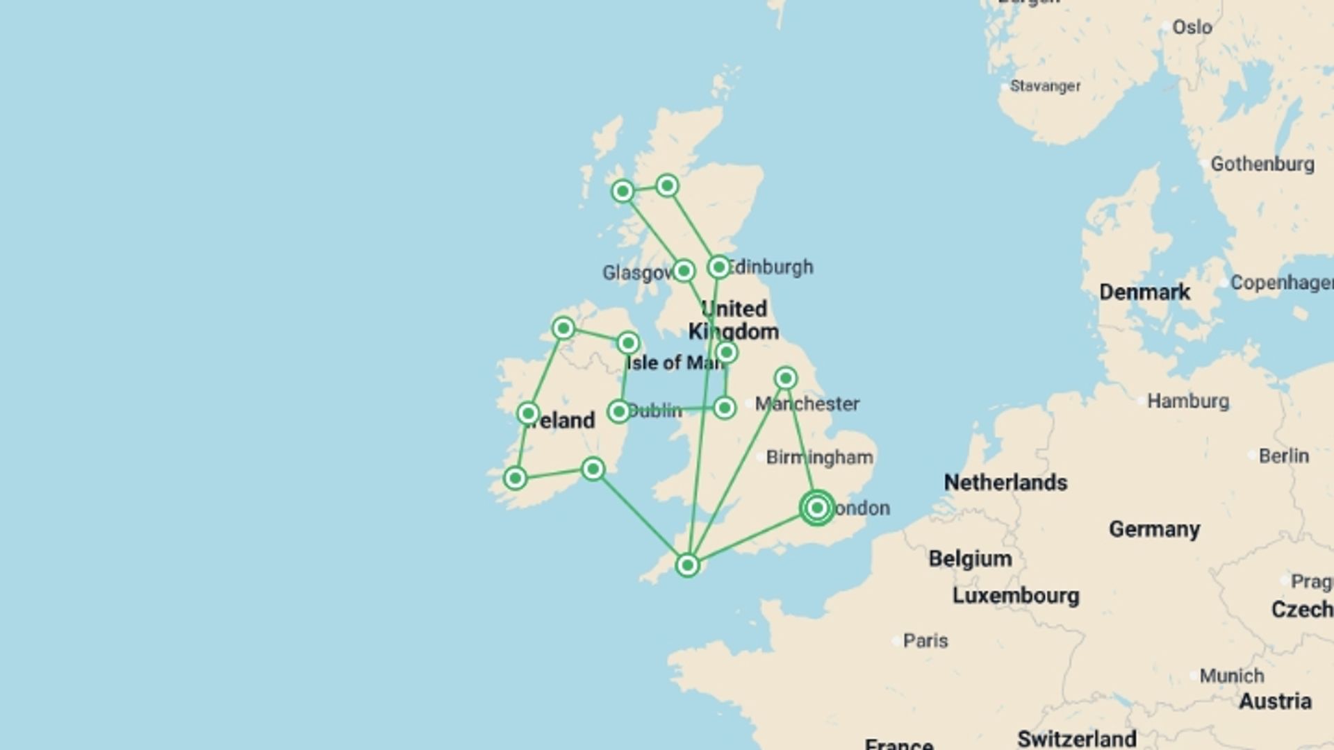 A map showing the tour itinerary for the trip: Britain and Ireland Grandeur, starting in London, England and ending in London, England going through 14 other destinations.