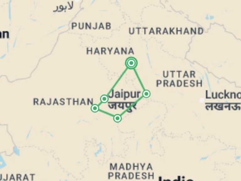 Map of a Rickshaw, cycle or local transport Tour with 5 destination visits for the trip: Family India Golden Triangle Adventure