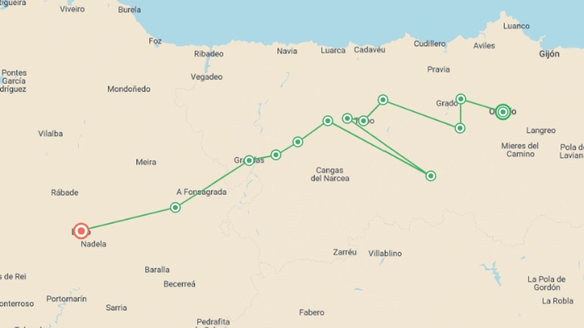 A map showing the tour itinerary for the trip: Highlights of the Camino Primitivo, starting in Oviedo, Spain and ending in Lugo, Spain going through 6 other destinations.