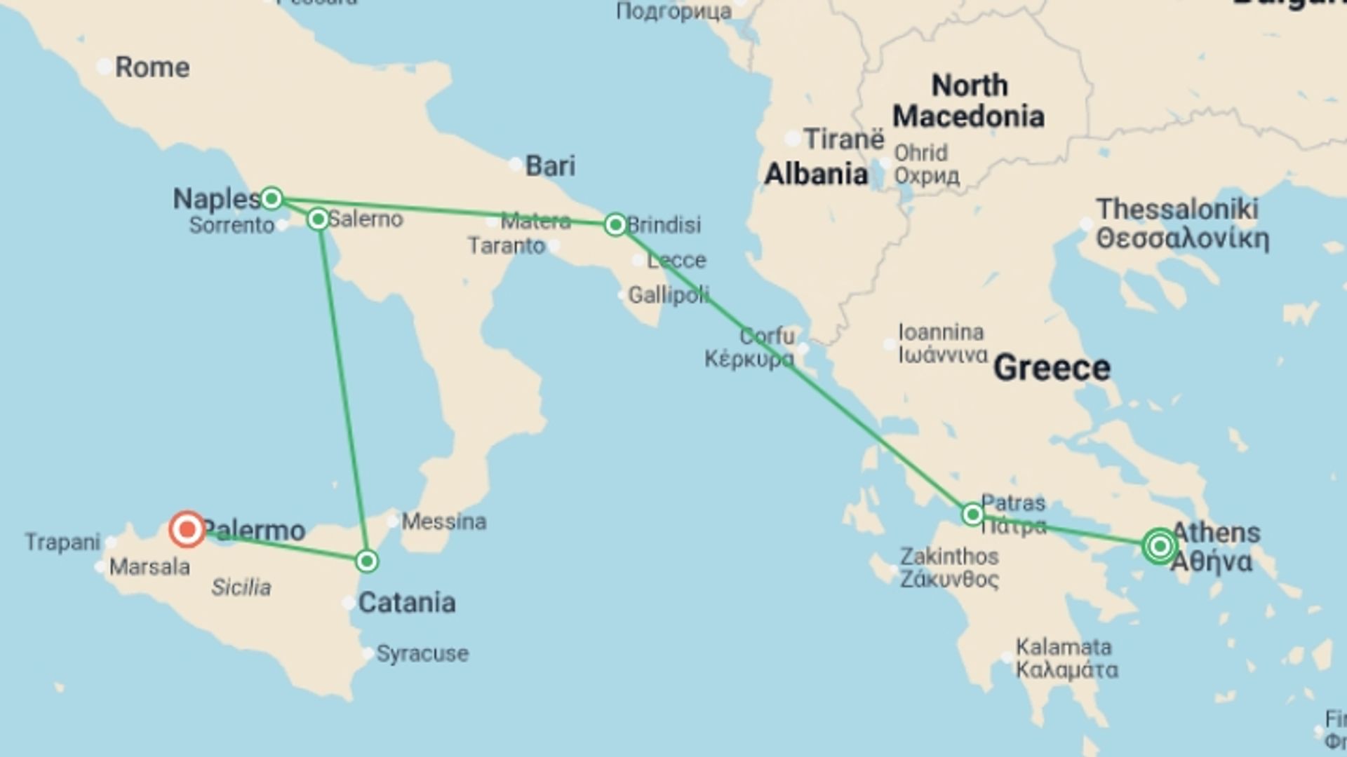 A map showing the tour itinerary for the trip: Athens, Peninsula and Sicily End Palermo, starting in Athens, Greece and ending in Palermo, Italy going through 5 other destinations.