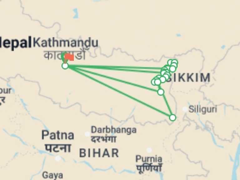 Map itinerary of Nepal Tour in Winter with 21 destination visits for the trip: Kanchanjunga Base Camp trek