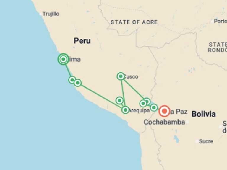 Map itinerary of South America Tour in Summer with 10 destination visits for the trip: Lima to La Paz Travel Pass