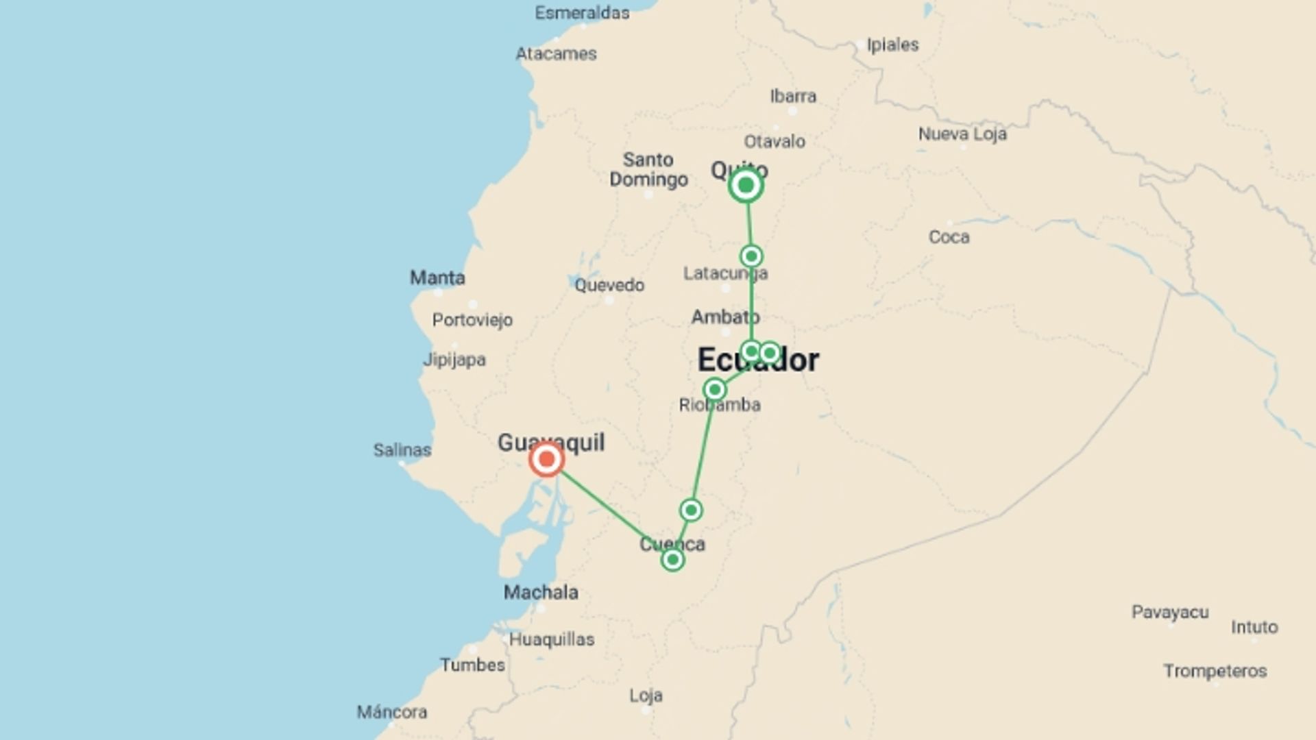 A map showing the tour itinerary for the trip: 5-Day Tour Cotopaxi, Quilotoa, Baños, Cuenca & Guayaquil, starting in Quito, Ecuador and ending in Guayaquil, Ecuador going through 4 other destinations.