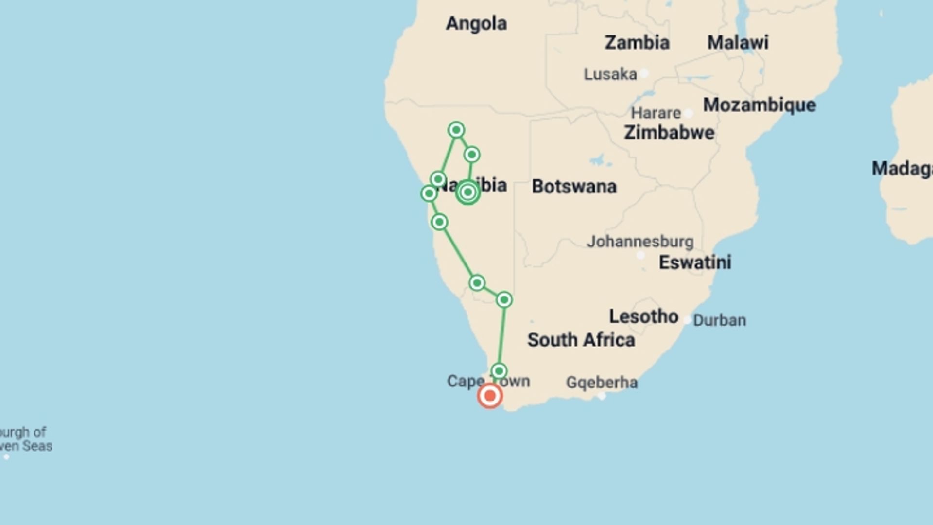 A map showing the tour itinerary for the trip: Namibia to Cape Town Overland Safari & Participation Camping, starting in Windhoek, Namibia and ending in Cape Town, South Africa going through 8 other destinations.