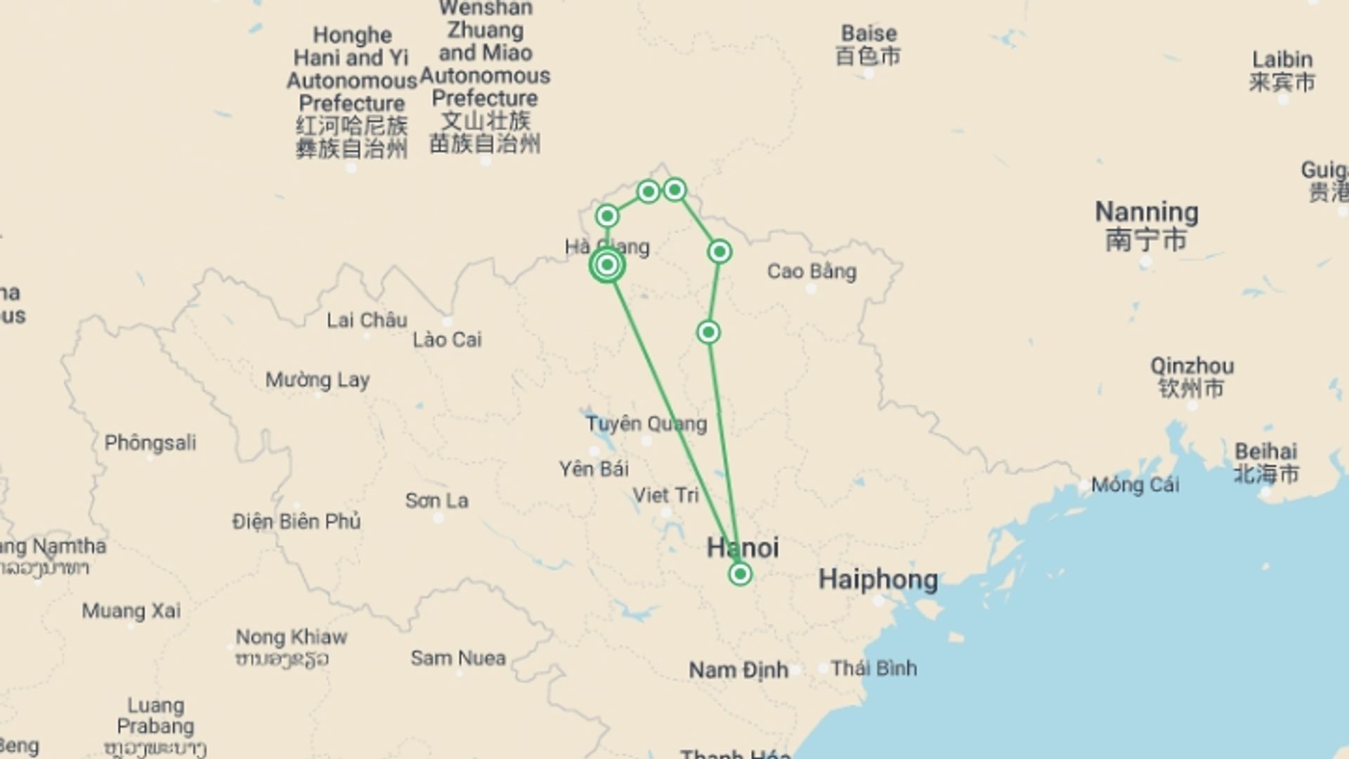 A map showing the tour itinerary for the trip: Ha Giang - Ba Be National Park 5 Days 4 Nights, starting in Ha Giang, Vietnam and ending in Ha Giang, Vietnam going through 5 other destinations.