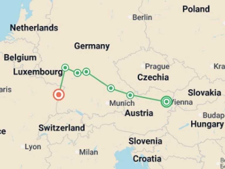 Map of Europe Tour with 7 destination visits for the trip: Along the Danube and the Rhine - Following the Romantic Road (port-to-port cruise)