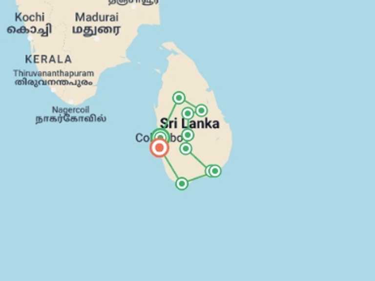 Map of a Bicycle Tour with 10 destination visits for the trip: Cycle Sri Lanka