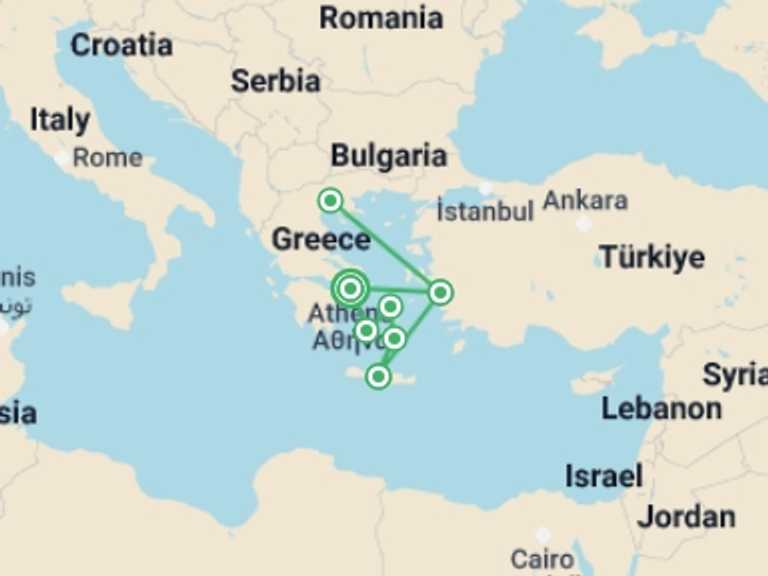 Map of Turkey Cruise Tour with 6 destination visits for the trip: Athens and 7 Nights Greek Islands Cruise