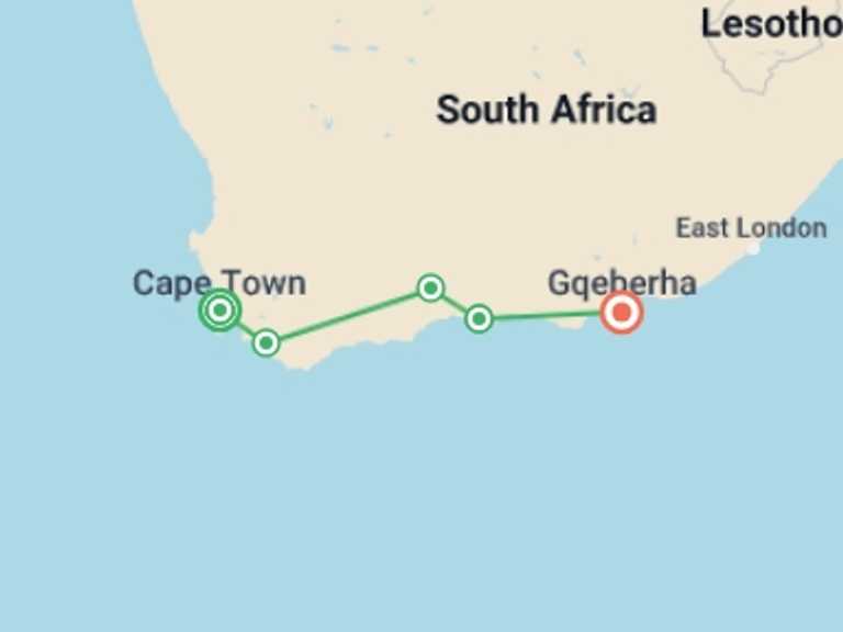 Map itinerary of Cape Town Tour in Winter with 5 destination visits for the trip: Cape Town, Garden Route And Eastern Cape